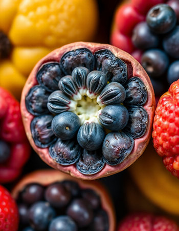 Closeup of fresh fruits and berries in a wooden bowl. Selective focus.の写真素材