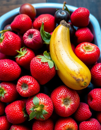 Fruit in a bowl. Strawberries, cherries, bananasの写真素材
