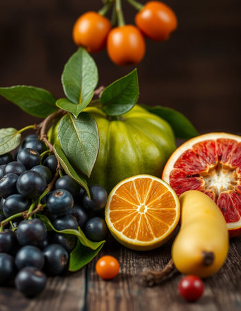 Still life with fruits and berries on a wooden background. Selective focus.の写真素材
