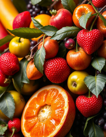 Fruits and berries in basket, close up. Healthy food conceptの写真素材