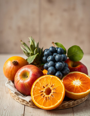 Assortment of fresh fruits in basket on wooden table, selective focusの写真素材