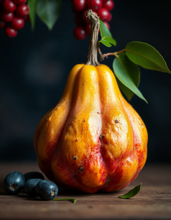 Pumpkin and berries on a wooden background. Autumn still life.の写真素材