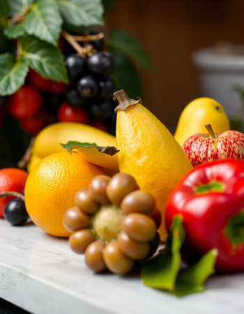Fruits and vegetables on a wooden table. Selective focus.の写真素材