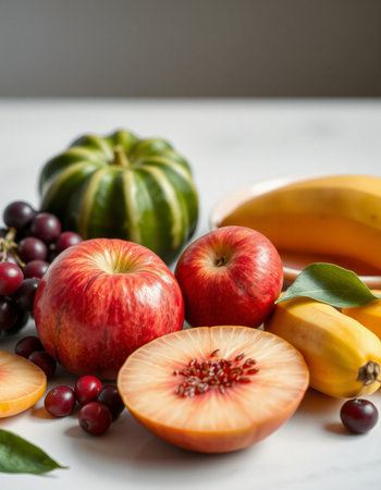 Fruits and vegetables on a white table. Selective focus.の写真素材