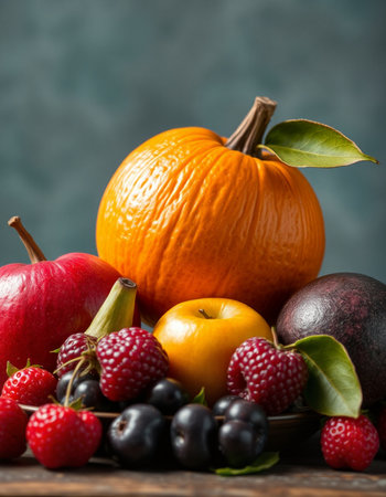 Autumn still life with pumpkins, berries and apples on wooden tableの写真素材