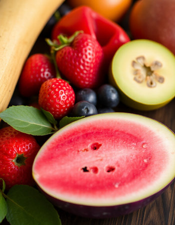 Fresh fruits and berries on a wooden background. Selective focus.の写真素材