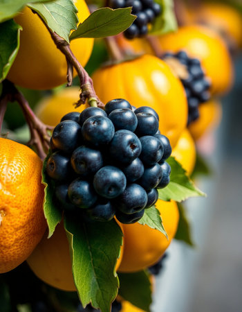 Ripe orange and black chokeberry on the branches of a treeの写真素材