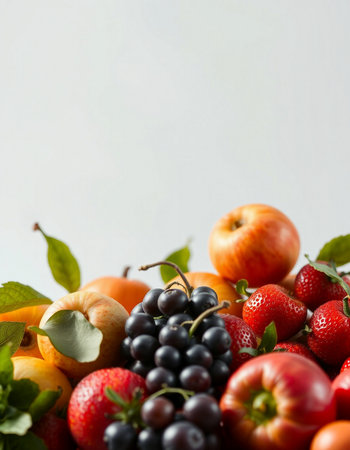 Variety of fresh fruits and berries on white background. Healthy eating concept.の写真素材