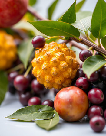 Variety of exotic fruits on a white background. Selective focus.の写真素材