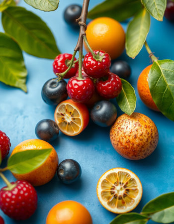 Mix of fresh fruits on blue background. Healthy food concept. Selective focus.の写真素材