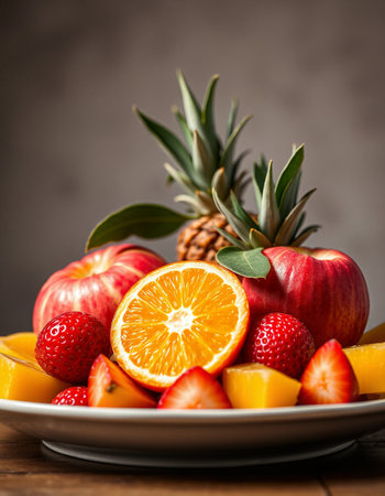 Fresh fruits on a plate on a wooden table. Selective focus.の写真素材