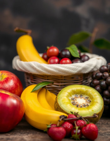 Fresh fruits in a basket on rustic wooden table. Selective focus.の写真素材