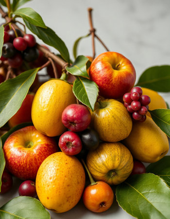 Fruits and berries on a white marble background. Selective focus.の写真素材