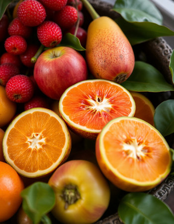 Variety of fresh fruits including oranges, apples, and strawberriesの写真素材