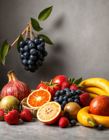 Assortment of fresh fruits and berries on grey background. Healthy eating concept.の写真素材