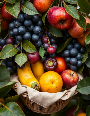 Fruits and vegetables in a basket on a wooden table. Fresh fruits.の写真素材