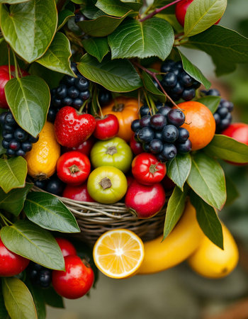 Fruits and vegetables in a basket on a background of green leavesの写真素材