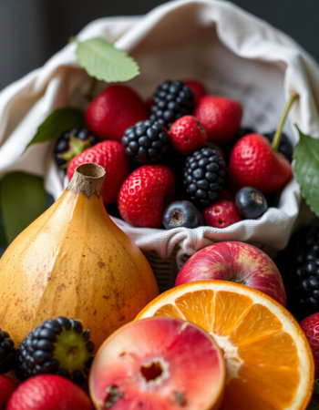 Mix of different fresh fruits and berries in a basket on black backgroundの写真素材