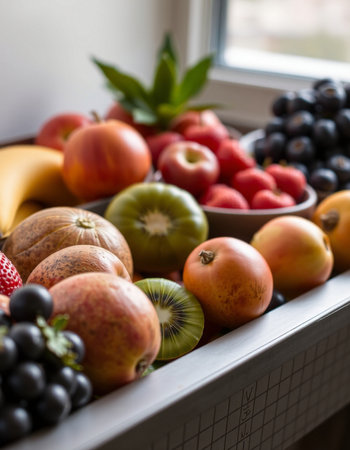 Variety of fruits and vegetables on the windowsill, close upの写真素材
