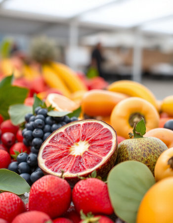 Variety of fresh fruits and berries in a market stall, selective focusの写真素材