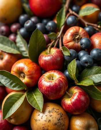 Autumn fruits background with apples, pears, plums and blueberriesの写真素材