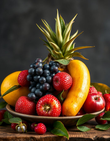 Fresh fruits in a bowl on a wooden table, selective focus.の写真素材