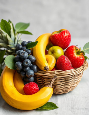 Mix of fresh fruits in a basket on a white wooden table.の写真素材