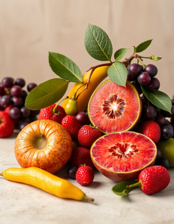 Fruits and vegetables on a light background. Healthy food concept.の写真素材