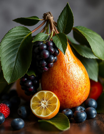 Fruits and berries on wooden background. Healthy food concept. Selective focus.の写真素材