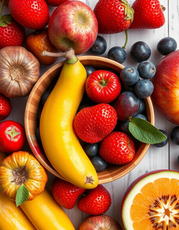 Fresh fruits and berries on a white wooden table. Top view.