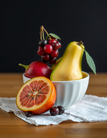 Fresh fruits in a white bowl on a wooden table, selective focusの写真素材