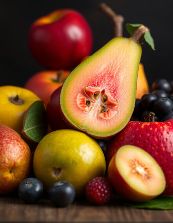 Fruits and berries on wooden table, black background, selective focusの写真素材