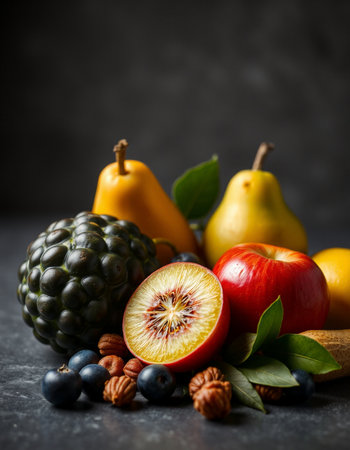 Fruits and berries on black stone table. Selective focus.の写真素材