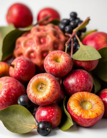 Close up of a pile of red and yellow apples with leaves.の写真素材