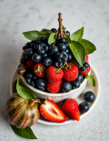 Mix of fresh berries in a bowl, selective focus, copy space