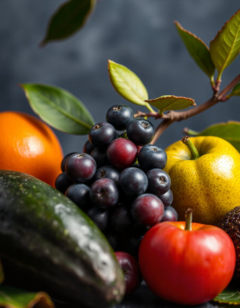 Fresh fruits and vegetables on a dark background. Selective focus.の写真素材