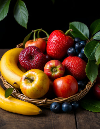 Fresh fruits in a basket on a wooden table. Healthy food.の写真素材
