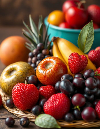 Mix of fresh fruits and berries in a basket on wooden table.の写真素材