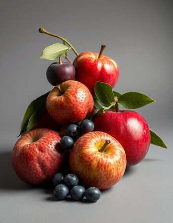 Fruits on grey background. Ripe red apples, blueberries and plumsの写真素材
