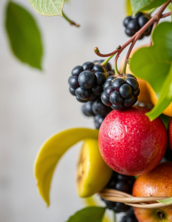 Fruits and berries in a basket on a gray background. Selective focus.の写真素材