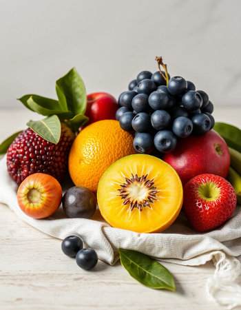 Fresh fruits on white wooden table, healthy eating and dieting conceptの写真素材