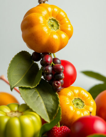 Close-up of fresh fruits and vegetables on a gray background.