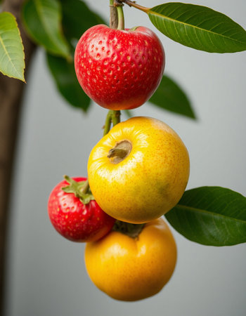 Red and yellow fruits on a branch with green leaves closeupの写真素材