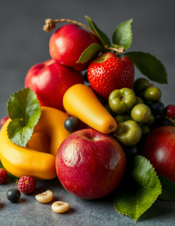 Fresh fruits and berries on a dark background. Healthy food concept.