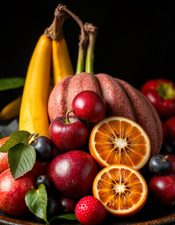 Fresh fruits and berries on a black background. Healthy food concept.
