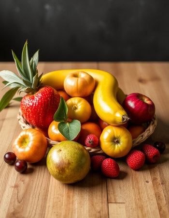Fruits and Vegetables in a Basket on a Wooden Table