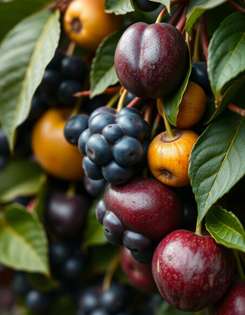 Fruits and berries on the tree, close-up, macro