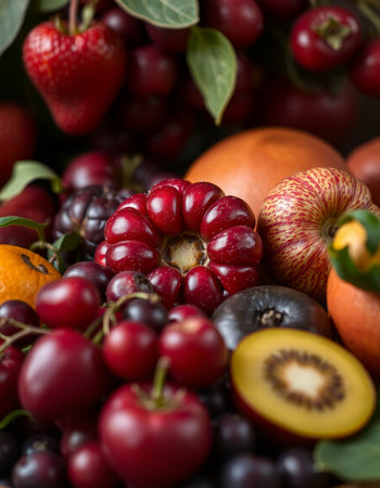 Closeup of fresh fruits and berries, healthy food background, selective focus