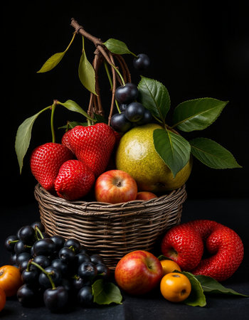 Fresh fruits in a wicker basket on a black background, selective focus