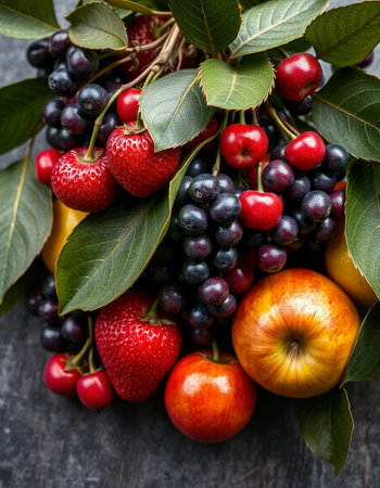 Fresh fruits and berries on rustic wooden table, closeup view